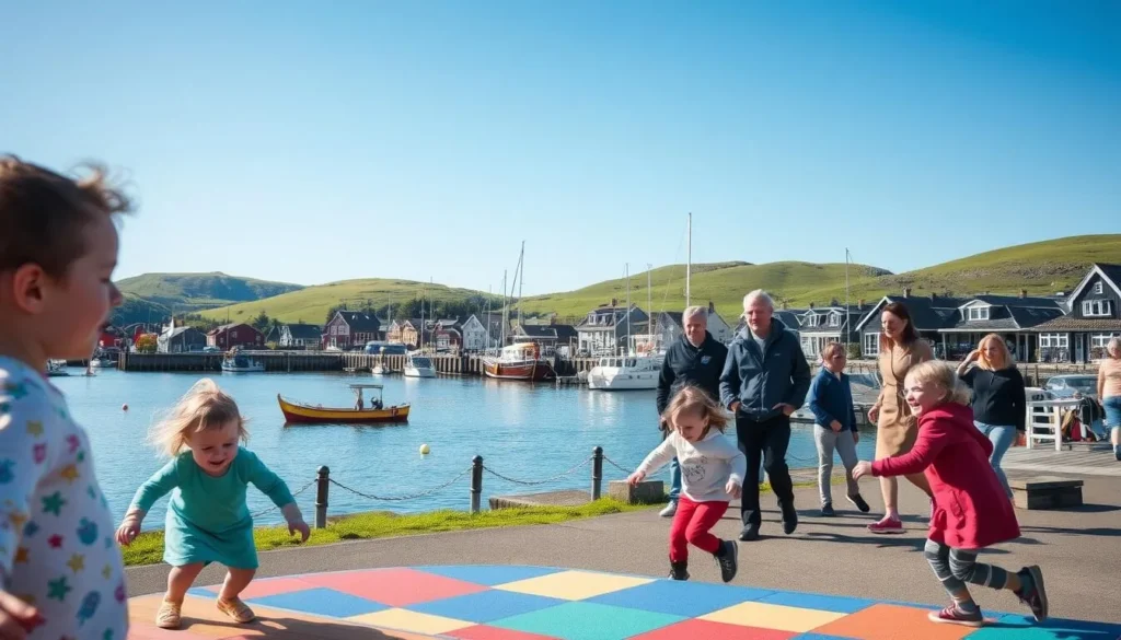 A serene seaside town in Norway, Skudeneshavn offers family-friendly activities for all ages. In the foreground, children play on a colorful playground, their laughter echoing through the crisp, salty air. In the middle ground, parents and grandparents stroll along the picturesque harbor, taking in the view of the traditional wooden houses and boats bobbing gently on the calm waters. In the background, rolling green hills and a clear blue sky create a peaceful, picturesque setting. Soft, natural lighting illuminates the scene, capturing the warmth and tranquility of this charming coastal community.