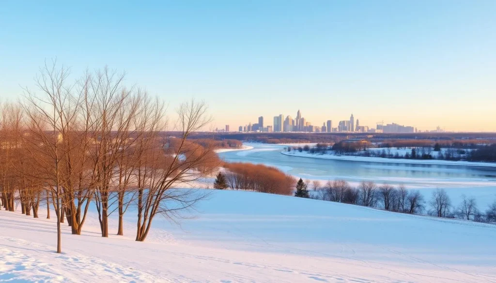 A serene, snow-covered Kansas City landscape under a crisp, clear winter sky. In the foreground, a row of bare trees stand silently, their bare branches casting delicate shadows on the pristine white blanket below. The middle ground features a gently winding river, its surface reflecting the warm, golden tones of the afternoon sun. In the distance, the iconic skyline of Kansas City rises, its skyscrapers and monuments partially obscured by a soft, hazy atmosphere. The overall scene conveys a peaceful, tranquil mood, capturing the beauty and charm of a Kansas City winter day.
