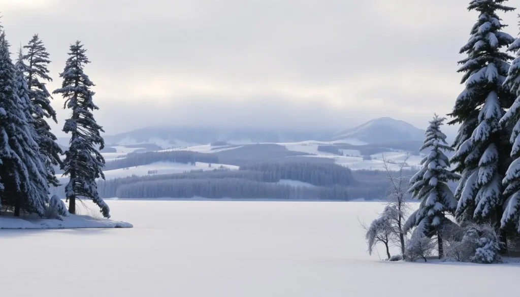A serene, snow-covered landscape of Lake Storsjo in Sweden during the winter. In the foreground, a frozen lake glistens under the soft, diffused light of an overcast sky. Towering pine trees line the shore, their branches heavy with fresh snow. In the middle ground, rolling hills covered in a pristine white blanket lead the eye towards the distant mountains, their peaks capped with snow. The scene exudes a peaceful, tranquil atmosphere, inviting the viewer to immerse themselves in the beauty of this winter wonderland.