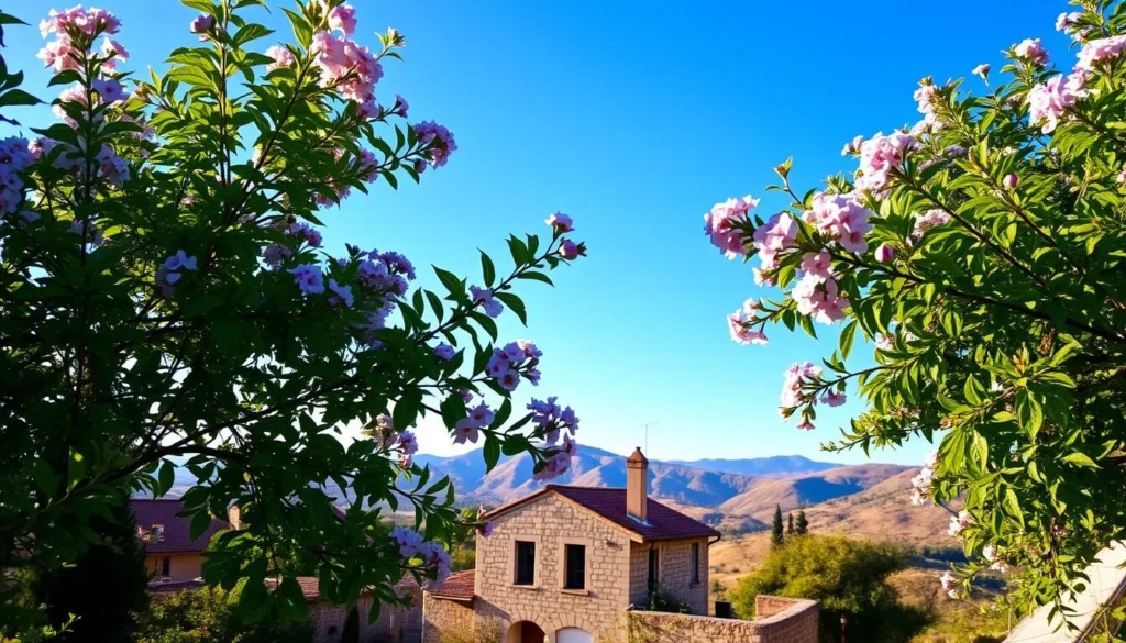 A serene spring day in Lebanon, with a vibrant azure sky overhead. In the foreground, lush, verdant foliage frames the scene, dappled with delicate blooms in hues of pink, purple, and white. The midground features a quaint stone building, its weathered facade bathed in warm, golden sunlight. In the distance, rolling hills and mountains rise up, their peaks dusted with a hint of snow. A gentle breeze rustles the leaves, creating a tranquil, pastoral atmosphere. The lighting is soft and diffused, casting a natural, picturesque glow over the entire landscape. Capture this quintessential springtime scene in Lebanon, highlighting the country's natural beauty and inviting the viewer to experience its weather-savvy charm.