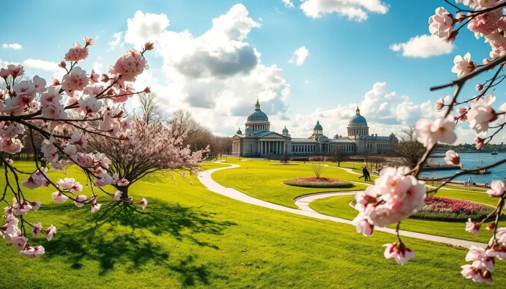A serene springtime scene on Belle Isle, Detroit's iconic island park. In the foreground, vibrant cherry blossoms sway gently in a soft breeze, their delicate petals drifting across the lush, verdant grass. The middle ground reveals the gently winding paths and manicured flowerbeds, bathed in warm, golden sunlight that filters through fluffy white clouds. In the background, the historic Belle Isle Conservatory stands proudly, its ornate architecture and glass domes reflecting the tranquil waters of the Detroit River. An atmosphere of tranquility and natural beauty, perfectly capturing the essence of springtime in Detroit.