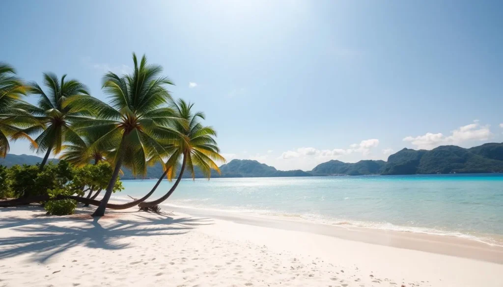 A serene stretch of powdery white sand under the warm embrace of a cloudless sky. Swaying palm trees casting gentle shadows on the tranquil turquoise waters of the Gulf of Thailand. Sunlight dances on the gently lapping waves, creating a mesmerizing play of light and reflection. In the distance, verdant hills rise, framing the picturesque coastal scene. The atmosphere is one of laid-back tropical charm, inviting visitors to bask in the beauty of Koh Samui during the dry season.