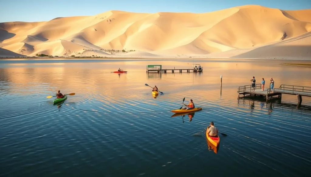 A serene summer day at Bruneau Dunes State Park, Idaho. A crystal-clear lake surrounded by towering sand dunes, inviting visitors to engage in water activities. In the foreground, a group of people kayaking and paddleboarding, their reflections rippling across the calm surface. The middle ground showcases a fishing dock, where anglers cast their lines, seeking the park's abundant trout and bass. In the background, the majestic dunes rise, casting warm, soft shadows onto the scene. The lighting is natural and golden, creating a peaceful, contemplative atmosphere. Capture this picturesque water-based recreation at Bruneau Dunes, a true outdoor oasis.