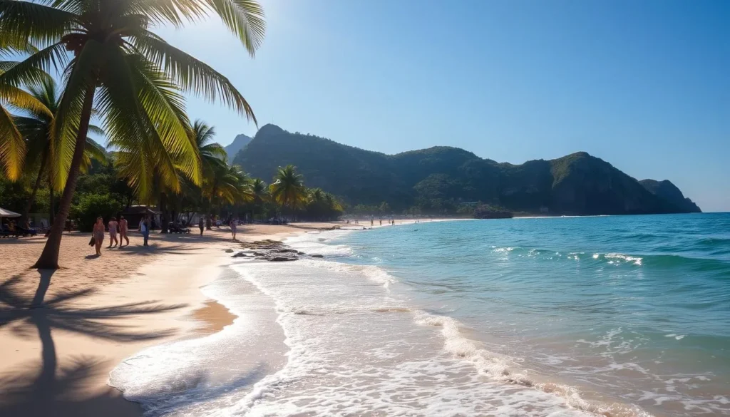 A serene summer day at Guaruja Beach, Brazil. Glistening azure waves lap against the golden sand, framed by lush palm trees swaying in the gentle breeze. Sunlight dances on the water, casting a warm, inviting glow over the tranquil scene. In the distance, rocky cliffs rise, adding depth and visual interest. Beachgoers stroll along the shore, enjoying the mild tropical climate and picturesque landscape. The atmosphere is one of relaxation and pure coastal bliss, perfectly capturing the best time to visit this enchanting Brazilian paradise. A serene summer day at Guaruja Beach, Brazil. Glistening azure waves lap against the golden sand, framed by lush palm trees swaying in the gentle breeze. Sunlight dances on the water, casting a warm, inviting glow over the tranquil scene. In the distance, rocky cliffs rise, adding depth and visual interest. Beachgoers stroll along the shore, enjoying the mild tropical climate and picturesque landscape. The atmosphere is one of relaxation and pure coastal bliss, perfectly capturing the best time to visit this enchanting Brazilian paradise.