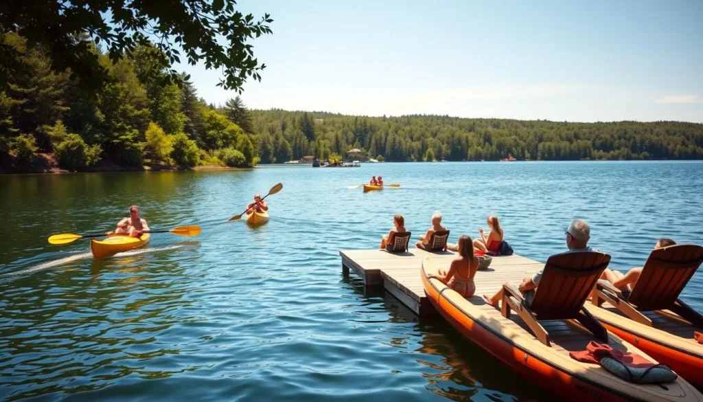 A serene summer day at Lake Kallavesi, Finland. In the foreground, people kayak across the calm, azure waters, their paddles gently slicing through the surface. The middle ground features a small wooden dock, where families lounge on comfortable chairs, soaking in the warm sunlight. In the background, lush, verdant forests line the shoreline, creating a picturesque natural backdrop. The scene is illuminated by soft, golden-hour lighting, casting a warm, inviting glow over the entire landscape. The overall atmosphere is one of tranquility and relaxation, perfectly capturing the essence of a summer lakeside experience.