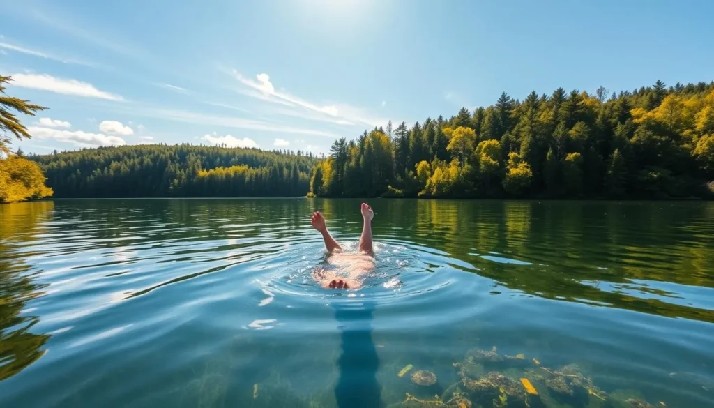 A serene summer day at Lake Vaddoviken, Sweden. Crystal clear waters reflect the surrounding lush, verdant forest. A person gracefully swimming, their limbs cutting through the tranquil surface, creating gentle ripples. Warm sunlight filters through the canopy, casting a soft, golden glow over the scene. Wispy clouds dot the azure sky above. The atmosphere is one of peaceful solitude, inviting the viewer to imagine the refreshing sensation of swimming in this picturesque natural setting.