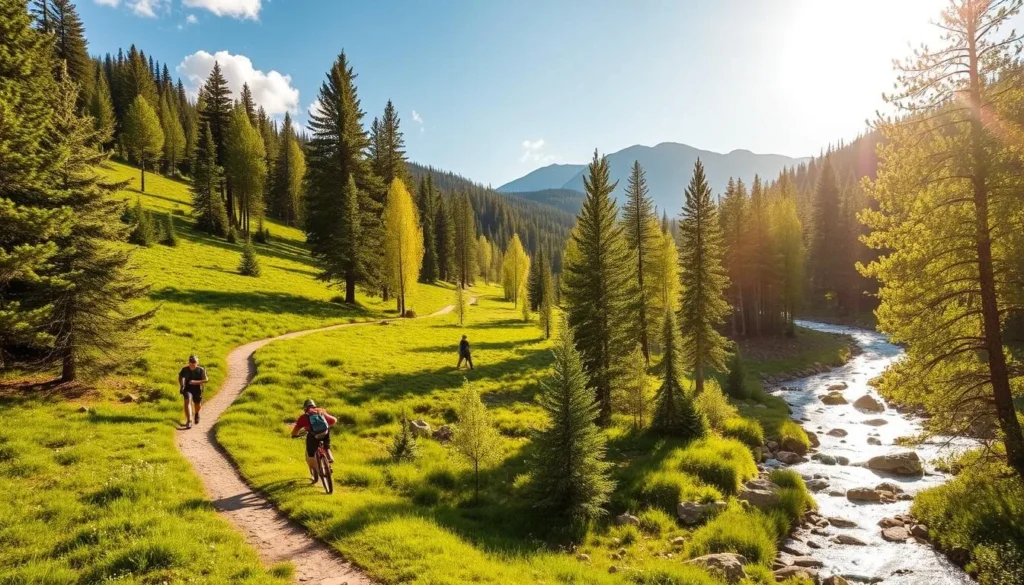A serene summer day in Beaver Creek, Colorado. Lush green trails wind through the picturesque alpine landscape, flanked by towering pines and aspen trees. Sunlight filters through the canopy, casting a warm glow on the well-maintained paths. Hikers and mountain bikers explore the scenic routes, taking in the majestic Rocky Mountain vistas. In the distance, a crystal-clear stream babbles over smooth rocks, its soothing sounds adding to the tranquil ambiance. The air is crisp and rejuvenating, inviting visitors to immerse themselves in the natural beauty of this idyllic summertime destination.