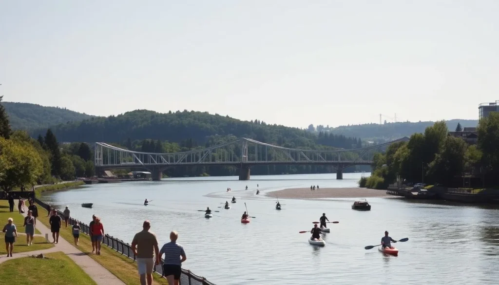 A serene summer day in Portland, Oregon. In the foreground, people stroll along the banks of the Willamette River, enjoying the sunshine and gentle breeze. Kayaks and stand-up paddleboards glide across the calm waters, while joggers and cyclists pass by on the well-maintained trails. The middle ground features the iconic bridges of Portland, their graceful arches spanning the river. In the background, the lush, verdant hills rise up, framing the cityscape. The lighting is soft and diffused, creating a warm, inviting atmosphere. A cloudless sky stretches overhead, completing the picture of a quintessential Portland summer.