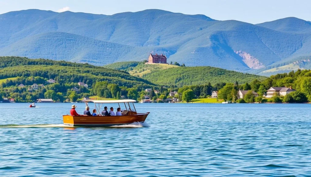 A serene summer day on the waters of Seneca Lake, New York. In the foreground, a classic wooden tour boat glides gently across the calm, crystalline surface, its passengers taking in the picturesque scenery. The middle ground features lush, verdant shorelines dotted with quaint lakeside cottages. In the background, rolling hills and distant mountains create a breathtaking natural backdrop, bathed in warm, golden sunlight. The composition captures the tranquil, peaceful atmosphere of a quintessential Finger Lakes boat tour experience.