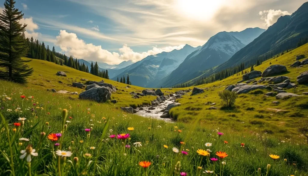 A serene summer landscape in Krkonose National Park, Czechia. In the foreground, a lush meadow dotted with vibrant wildflowers sways gently in a soft breeze. The middle ground features a crystal-clear mountain stream meandering through the verdant landscape, its banks lined with ancient, moss-covered boulders. In the background, majestic, snow-capped peaks rise majestically, their rugged slopes bathed in warm, golden sunlight that filters through wispy clouds. The scene is imbued with a sense of tranquility and natural beauty, perfectly capturing the essence of the Krkonose Mountains during the summer season.