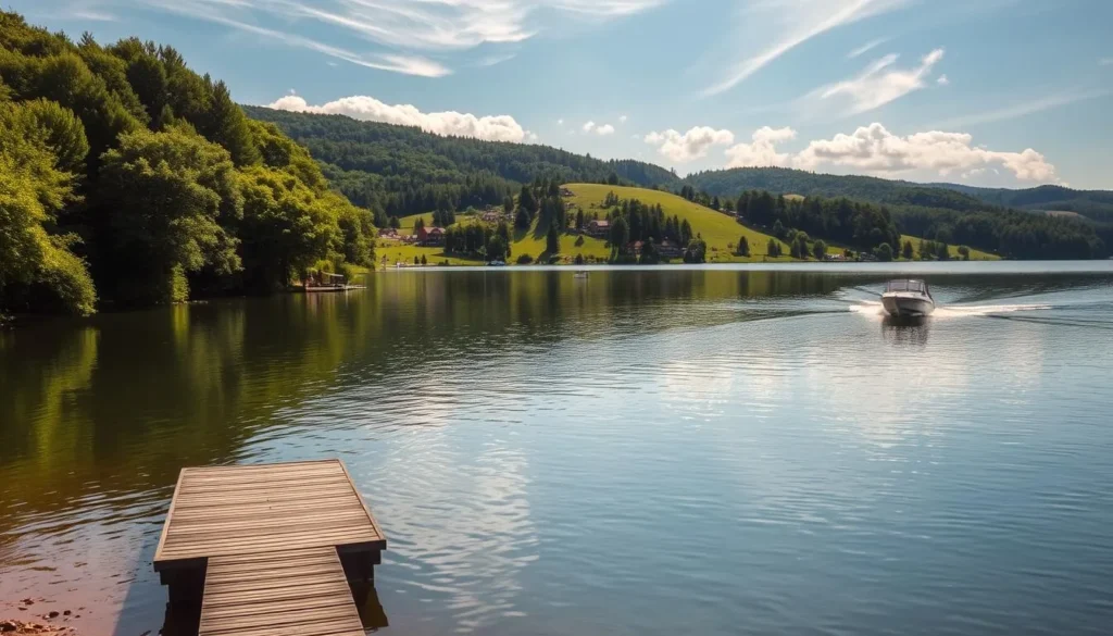 A serene summer's day at Rozkos Reservoir, Czechia. Pristine waters reflect the lush green foliage along the shoreline. In the foreground, a small wooden dock extends into the tranquil lake, inviting visitors to enjoy the peaceful setting. A few small boats dot the surface, their wake rippling across the glassy surface. In the middle ground, rolling hills dotted with picturesque cottages and trees provide a scenic backdrop. The warm, golden sunlight filters through wispy clouds, casting a warm glow over the entire scene. An idyllic location for a relaxing day by the water.