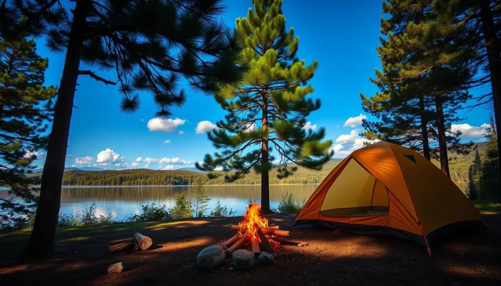 A serene, sun-dappled campsite nestled along the tranquil shores of Rozkos Reservoir. In the foreground, a cozy tent stands beside a crackling campfire, its gentle flames casting a warm glow. Surrounding the camp, lush green pines and deciduous trees sway gently in the soft breeze, their shadows dancing across the ground. In the middle distance, the mirror-like surface of the reservoir reflects the azure sky, dotted with fluffy white clouds. The far shore is lined with verdant foliage, creating a picturesque backdrop. The overall scene evokes a sense of peace, adventure, and communion with nature.
