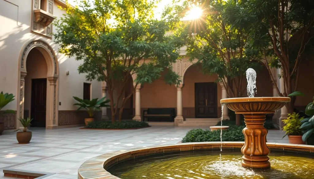 A serene, sun-dappled courtyard in Amara, Iraq, where traditional architecture and lush greenery create a tranquil oasis. In the foreground, a charming fountain gently cascades, its calming sound inviting visitors to pause and soak in the peaceful ambiance. Ornate arched doorways and intricate carved details line the middle ground, hinting at the rich cultural heritage of the region. In the background, a warm golden light filters through verdant trees, casting a soft, cozy glow over the entire scene. This image captures the essence of Amara's welcoming accommodations, where history, nature, and modern comforts seamlessly blend for an authentic and memorable travel experience. A serene, sun-dappled courtyard in Amara, Iraq, where traditional architecture and lush greenery create a tranquil oasis. In the foreground, a charming fountain gently cascades, its calming sound inviting visitors to pause and soak in the peaceful ambiance. Ornate arched doorways and intricate carved details line the middle ground, hinting at the rich cultural heritage of the region. In the background, a warm golden light filters through verdant trees, casting a soft, cozy glow over the entire scene. This image captures the essence of Amara's welcoming accommodations, where history, nature, and modern comforts seamlessly blend for an authentic and memorable travel experience.