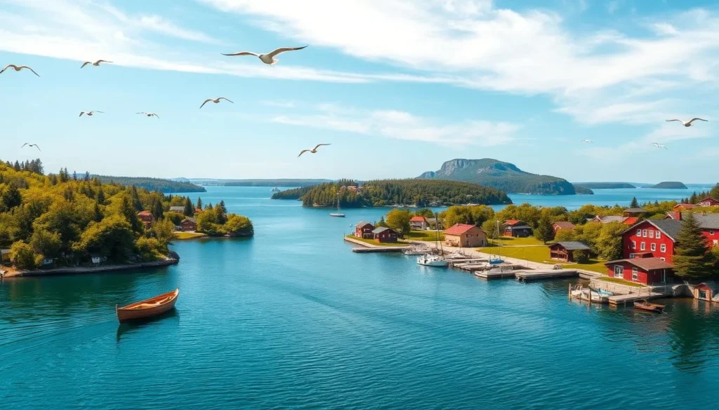 A serene, sun-dappled day in the Archipelago National Park, Finland. Lush, verdant islands dotted with traditional red wooden cottages and saunas nestled amidst a maze of turquoise channels and inlets. In the foreground, a traditional wooden boat glides silently over the calm, mirror-like waters, while overhead, seabirds soar gracefully against a wide, azure sky. The middle ground features a picturesque harbor, with sailboats and fishing vessels moored along the weathered docks. In the distance, a cluster of densely forested islands rise up, their craggy cliffs and sheltered coves inviting further exploration. The overall scene conveys a sense of tranquility, timelessness, and the harmonious coexistence of nature and human settlement. A serene, sun-dappled day in the Archipelago National Park, Finland. Lush, verdant islands dotted with traditional red wooden cottages and saunas nestled amidst a maze of turquoise channels and inlets. In the foreground, a traditional wooden boat glides silently over the calm, mirror-like waters, while overhead, seabirds soar gracefully against a wide, azure sky. The middle ground features a picturesque harbor, with sailboats and fishing vessels moored along the weathered docks. In the distance, a cluster of densely forested islands rise up, their craggy cliffs and sheltered coves inviting further exploration. The overall scene conveys a sense of tranquility, timelessness, and the harmonious coexistence of nature and human settlement.