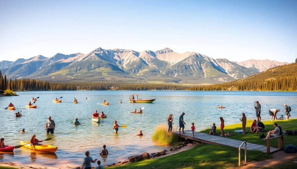 A serene, sun-dappled lake surrounded by the majestic Copper Mountain range. In the foreground, families engage in a variety of summertime activities - kayakers glide across the tranquil waters, children splash and play on the sandy shores, while others recline on the grassy banks, taking in the breathtaking mountain vistas. The middle ground features a small wooden dock where hikers and cyclists disembark, ready to explore the network of trails that wind through the lush, pine-scented forests. In the background, the rugged, snow-capped peaks of Copper Mountain stand tall, bathed in warm, golden light. An atmosphere of outdoor adventure and peaceful relaxation pervades the scene, capturing the quintessential essence of a perfect summer day in this picturesque Colorado destination.