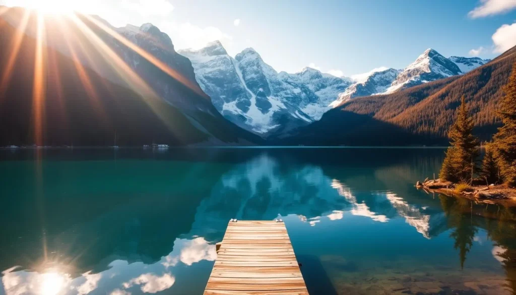 A serene, sun-dappled landscape of Crooked Lake, nestled amidst the majestic mountains of British Columbia. The crystal-clear waters reflect the surrounding evergreen forests and snow-capped peaks, creating a breathtaking scene. In the foreground, a wooden dock juts out into the calm lake, inviting visitors to sit and soak in the tranquil atmosphere. Warm, golden light filters through the clouds, casting a magical glow over the entire scene. The overall mood is one of peaceful contemplation, perfectly capturing the best time to visit this stunning natural wonder.