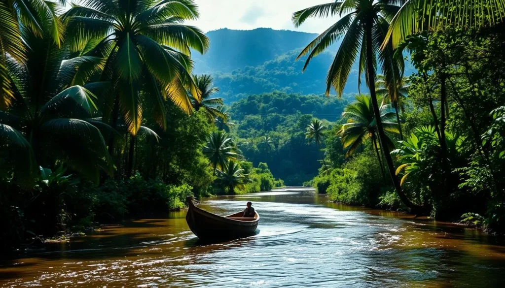 A serene, sun-dappled landscape of Suriname's lush, verdant rainforest. In the foreground, a winding river cuts through the dense foliage, its glimmering surface reflecting the vibrant hues of the surrounding flora. Towering palm trees sway gently in the warm breeze, their fronds casting intricate shadows on the forest floor below. In the middle ground, a small, traditional wooden boat floats peacefully, inviting the viewer to explore the hidden waterways and discover the region's natural wonders. The background is dominated by rolling hills, their slopes blanketed in a tapestry of emerald greens and earthy tones. The overall scene exudes a sense of tranquility and mystery, capturing the essence of Suriname's "Hidden Gem" - Moengo.