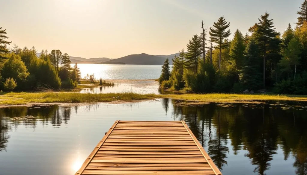 A serene, sun-dappled landscape on the shores of Rainy Lake, Minnesota. In the foreground, a wooden dock extends into the still, mirror-like waters, inviting visitors to embark on a tranquil wildlife viewing expedition. The middle ground features a lush, verdant forest teeming with diverse flora and fauna, with glimpses of colorful birds flitting among the branches. In the background, the lake stretches out, dotted with small islands and surrounded by rolling hills, creating a picturesque scene that captures the essence of the region's natural beauty. The lighting is soft and warm, casting a golden glow over the entire tableau and evoking a sense of peace and serenity.