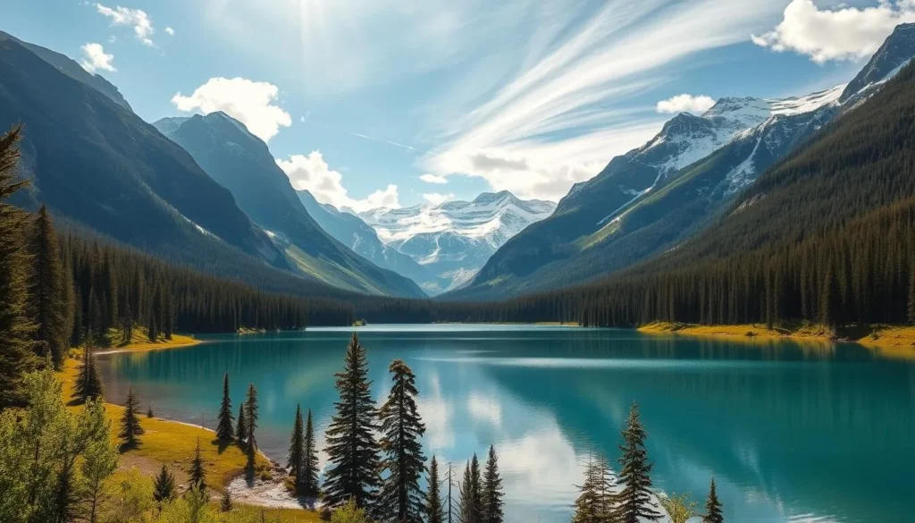 A serene, sun-dappled landscape with Lower Kananaskis Lake nestled in a verdant valley, surrounded by majestic, snow-capped Rocky Mountain peaks. Lush evergreen forests line the shores, reflecting in the still, azure waters. Wispy clouds drift overhead, casting gentle shadows across the scene. The warm, golden light illuminates the tranquil setting, inviting viewers to immerse themselves in the peaceful ambiance. Capture the scene with a wide-angle lens to showcase the breathtaking scale and grandeur of this picturesque Canadian wilderness.
