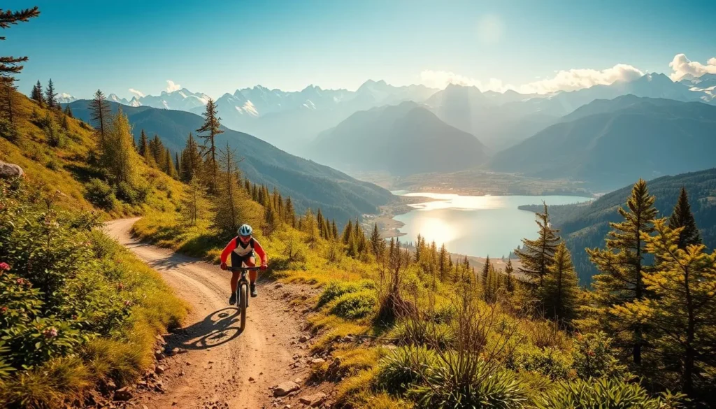 A serene, sun-dappled mountain trail in the lush, verdant hills of Kashmir. A lone mountain biker navigates the winding path, their bicycle's tires kicking up a gentle spray of dirt and gravel. The rider, clad in vibrant, technical gear, weaves through the dense foliage, their face filled with a sense of adventure and exhilaration. In the distance, towering snow-capped peaks rise majestically, their grandeur reflected in the crystal-clear lake that nestles at the base of the mountains. The scene is bathed in warm, golden light, creating a breathtaking and immersive atmosphere that captures the essence of outdoor adventure in this picturesque region.