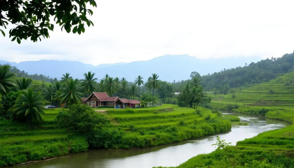 A serene, sun-dappled scene in Krabi, Thailand, where the lush, verdant landscape is adorned with delicate raindrops. In the foreground, a tranquil river winds its way through the rolling hills, its surface reflecting the softly overcast sky. In the middle ground, a cluster of traditional Thai buildings nestled amidst swaying palm trees, their vibrant colors muted by the gentle rainfall. The background is framed by a distant mountain range, its peaks shrouded in a misty haze. The overall atmosphere is one of peaceful contemplation, inviting the viewer to immerse themselves in the natural beauty of this tropical paradise during the rainy season.