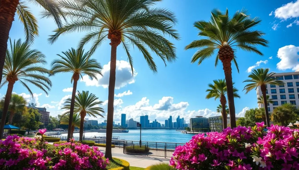 A serene, sun-dappled scene in Tampa, Florida during the spring months. Lush palm trees sway gently in a warm breeze, their fronds casting intricate patterns of light and shadow across a picturesque bayfront promenade. In the foreground, vibrant blooms of azaleas and jasmine spill over the edges of well-tended garden beds, their sweet fragrances carried on the air. The middle ground features a tranquil stretch of the Hillsborough River, its glistening waters reflecting the azure sky and puffy white clouds above. In the distance, the iconic silhouettes of historic buildings and modern skyscrapers rise up, creating a harmonious blend of old and new. The overall scene conveys a sense of serene tranquility, inviting the viewer to step into this idyllic springtime oasis.