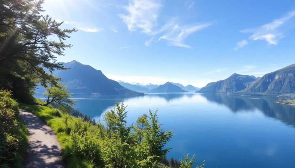 A serene, sun-dappled scene in Tysfjord National Park, Norway. In the foreground, a well-marked hiking trail winds through lush, verdant foliage. In the middle ground, majestic fjords and snow-capped peaks rise up, reflecting in the still, glass-like waters. The background features a clear, azure sky with wispy, cloud-like formations. The lighting is soft and natural, creating a tranquil, inviting atmosphere. Capture the park's stunning natural beauty and convey practical safety tips for visitors, such as proper gear, trail navigation, and wildlife awareness.