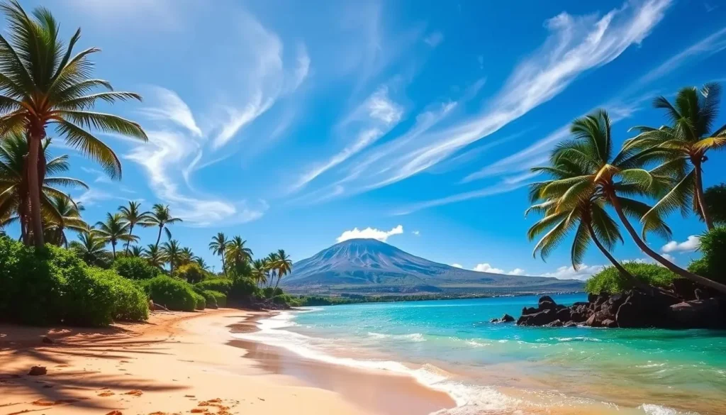 A serene, sun-dappled scene of Kauna'oa Beach on the Big Island of Hawaii. In the foreground, fine golden sand and gently lapping turquoise waves. Towering palms and lush tropical foliage line the shore, framing the breathtaking vista. In the middle ground, the iconic Mauna Kea volcano rises majestically, its snow-capped peak glistening under the warm island sun. Cirrus clouds drift lazily across a brilliant azure sky, creating a sense of tranquility and timelessness. The overall mood is one of natural beauty, warmth, and an invitation to relax and escape the stresses of everyday life.