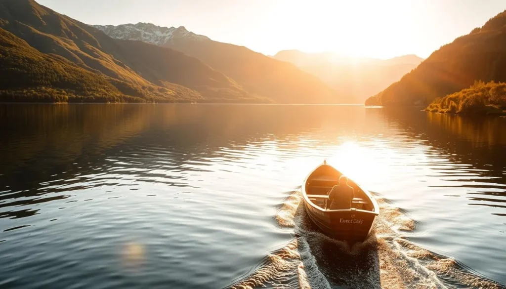 A serene, sun-dappled scene of Lake Seljordsvatnet in Norway. The tranquil waters reflect the surrounding lush, verdant hills and distant snow-capped peaks. A small wooden boat gracefully glides across the surface, its occupants taking in the picturesque landscape. Warm, golden light bathes the scene, creating a peaceful, idyllic atmosphere. The composition features the boat as the focal point, set against the stunning natural backdrop. Crisp, high-resolution details reveal the intricate textures of the wood, the gentle ripples on the water, and the vibrant greenery on the shoreline. This serene, inviting image perfectly captures the essence of outdoor activities and recreation at this breathtaking Norwegian lake.