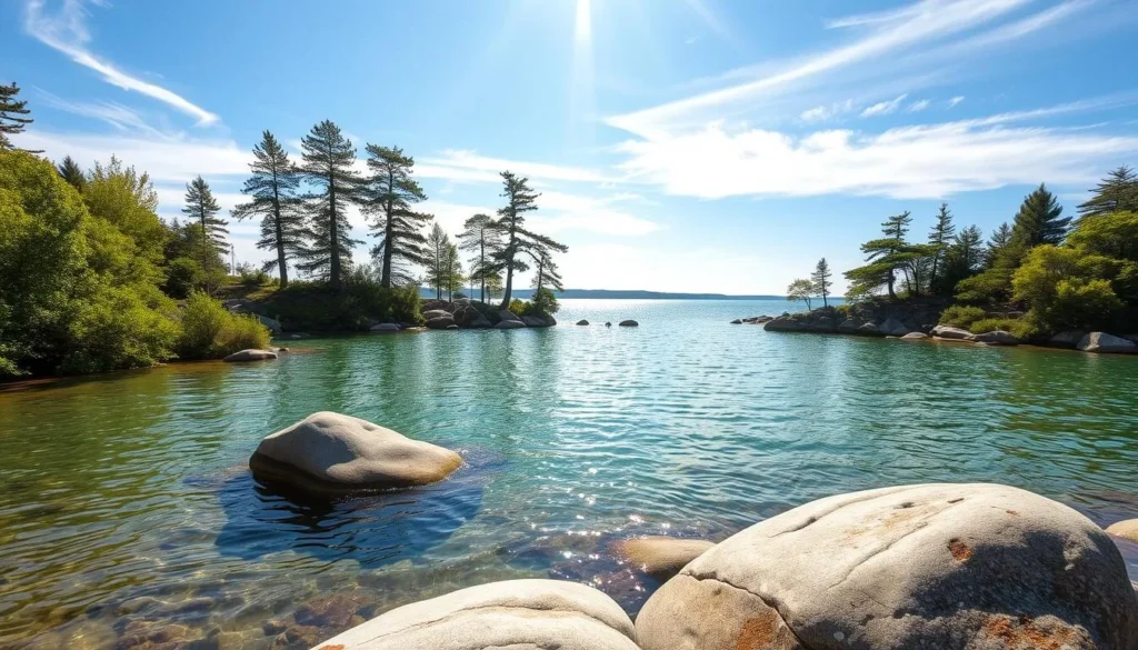 A serene, sun-dappled scene of Lake Stora Le's pristine swimming spots in Sweden. Lush, verdant shores frame a crystalline expanse of gently lapping waters, inviting a refreshing dip. In the foreground, smooth boulders jut out from the shoreline, providing an idyllic spot for sunbathing and diving. Soaring pines and birches in the middle ground cast soft, dappled shadows over the tranquil surface. The far shore fades into a hazy blue horizon, creating a sense of peaceful isolation. Warm, golden sunshine filters through wispy clouds, illuminating the scene with a natural, ethereal glow.