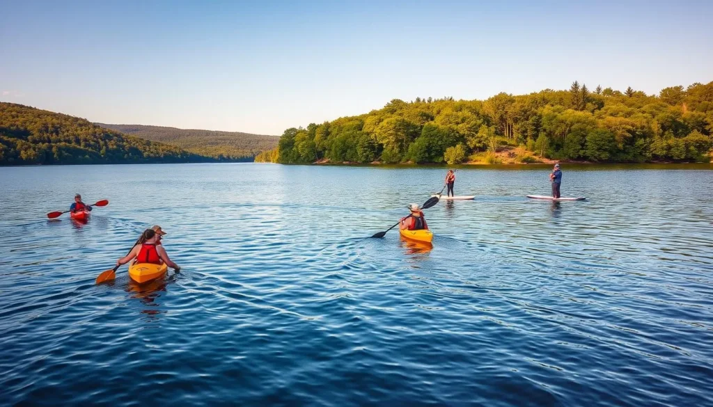 A serene, sun-dappled scene of Saranac Lake's inviting waters. In the foreground, a group of kayakers glide effortlessly across the glassy surface, their paddles creating gentle ripples. Beyond, stand-up paddleboarders take in the scenic vistas, framed by the lush, verdant shoreline. In the distance, a lone fisherman casts his line, patiently waiting for a bite. The warm, golden light filters through the swaying trees, casting a soft, natural glow over the entire tableau. A tranquil, picturesque moment capturing the quintessential outdoor pursuits of this Adirondack haven.