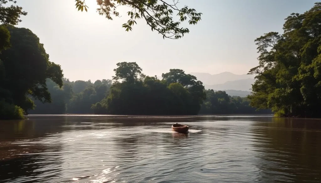 A serene, sun-dappled vista of the Apoera River, its placid waters gently reflecting the verdant foliage along its banks. Towering trees line the riverbanks, their lush canopies casting dappled shadows across the scene. In the foreground, the river's surface is dotted with the gentle ripples of a light breeze, while the middle ground reveals a small wooden boat drifting lazily downstream. The background features a hazy, atmospheric landscape of rolling hills and distant mountains, bathed in the warm glow of the afternoon sun. The overall mood is one of tranquility and natural beauty, perfectly capturing the essence of Apoera, Suriname.