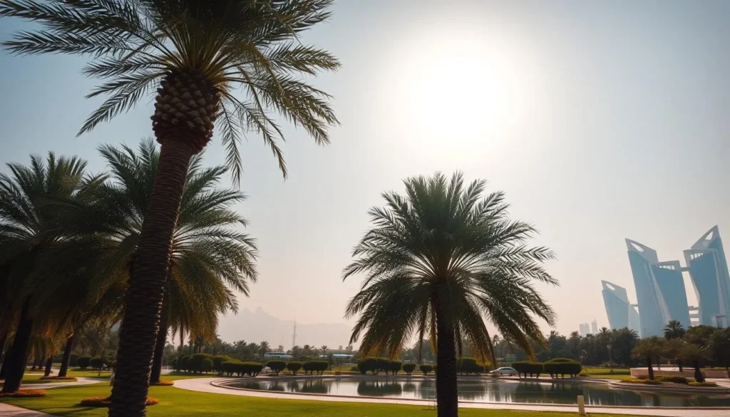 A serene, sun-drenched landscape in Dubai, United Arab Emirates, showcasing the region's characteristic rainfall patterns and precipitation. In the foreground, lush palm trees sway gently, their fronds casting dappled shadows on the well-manicured grounds. The middle ground reveals a tranquil, mirror-like body of water, reflecting the soft, warm hues of the sky above. In the distance, the iconic skyline of Dubai's modern architecture stands tall, bathed in the golden glow of the sun. The overall scene conveys a sense of calm and balance, capturing the essence of Dubai's weather-savvy appeal.