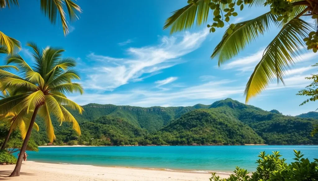 A serene, sun-drenched landscape of Phuket, Thailand, showcasing the vibrant colors and lush greenery characteristic of the island's tropical climate. In the foreground, a picturesque beach scene with swaying palm trees, turquoise waters, and sun-kissed sand. The middle ground features rolling hills and verdant foliage, while the background boasts a clear, azure sky with wispy clouds. The lighting is soft and diffused, creating a warm, inviting atmosphere. Capture the essence of Phuket's weather, from the warm, dry season to the breezy, rainy months, in a seamless, visually engaging composition.