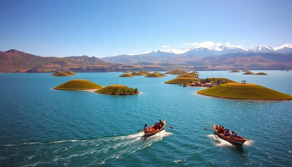 A serene, sun-drenched vista of the majestic Lake Titicaca, its shimmering turquoise waters dotted with idyllic, lush green islands. In the foreground, traditional reed boats glide effortlessly across the calm surface, their passengers adorned in vibrant, indigenous attire. The middle ground reveals the rolling, verdant hills and terraced farmlands that frame the lake, while the distant backdrop showcases the dramatic, snow-capped peaks of the Andes mountains. The scene is bathed in a warm, golden light, evoking a sense of tranquility and timelessness. This is an off-the-beaten-path experience, a glimpse into the serene and captivating world of Lake Titicaca's islands.