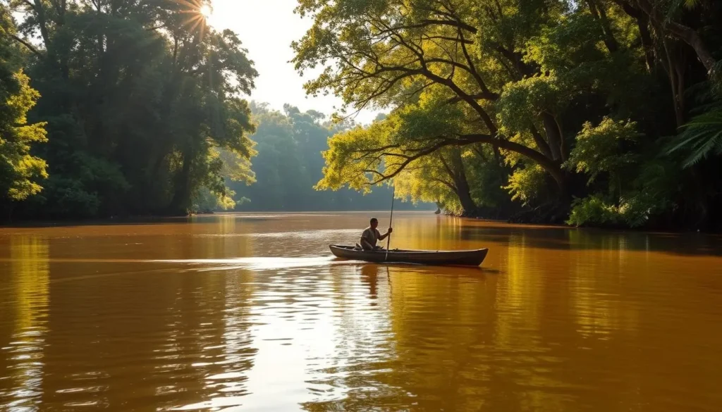 A serene, sunlit vista of the Maroni River flowing through the lush, verdant rainforests of Galibi, Suriname. The calm, glistening waters reflect the surrounding foliage, creating a tranquil, mirror-like surface. In the foreground, a traditional dugout canoe gently drifts on the river, carrying a local fisherman. Towering, verdant trees line the riverbanks, casting dappled shadows on the water. The warm, golden light filters through the canopy, illuminating the scene with a soft, natural glow. A sense of peaceful isolation and communion with nature pervades the image, inviting the viewer to experience the serene riverside experiences that Galibi has to offer.