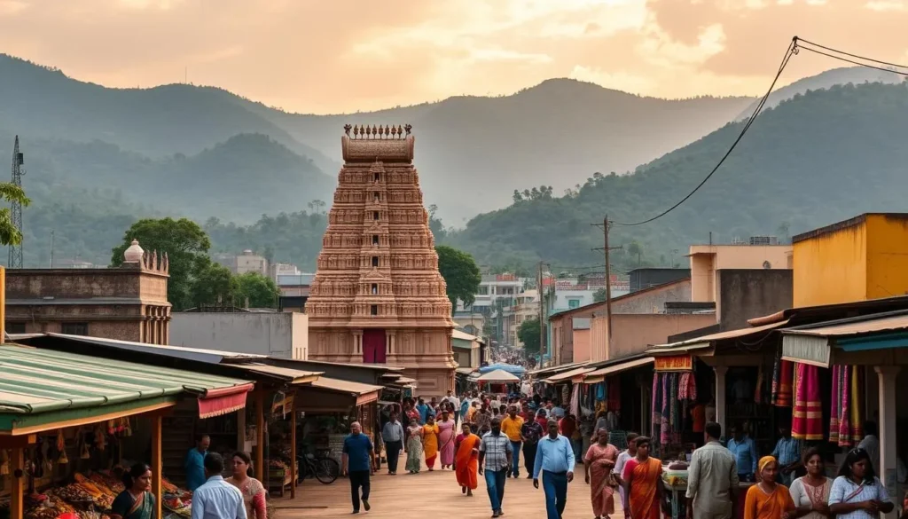 A serene temple town nestled along the banks of the Tamirabarani River, Tirunelveli is a captivating destination in Tamil Nadu. Showcase the vibrant heritage with a picturesque view of the iconic Nellaiappar Temple, its towering gopuram and intricate architecture bathed in warm, golden light. In the foreground, depict locals and visitors strolling through the bustling market, browsing stalls brimming with fragrant spices, vibrant textiles, and traditional handicrafts. In the middle ground, capture the winding streets lined with colorful, colonial-era buildings. Beyond, the lush, verdant hills of the Western Ghats rise up, creating a serene and picturesque backdrop. Convey a sense of timeless charm, cultural richness, and natural beauty that make Tirunelveli a must-visit South Indian destination.