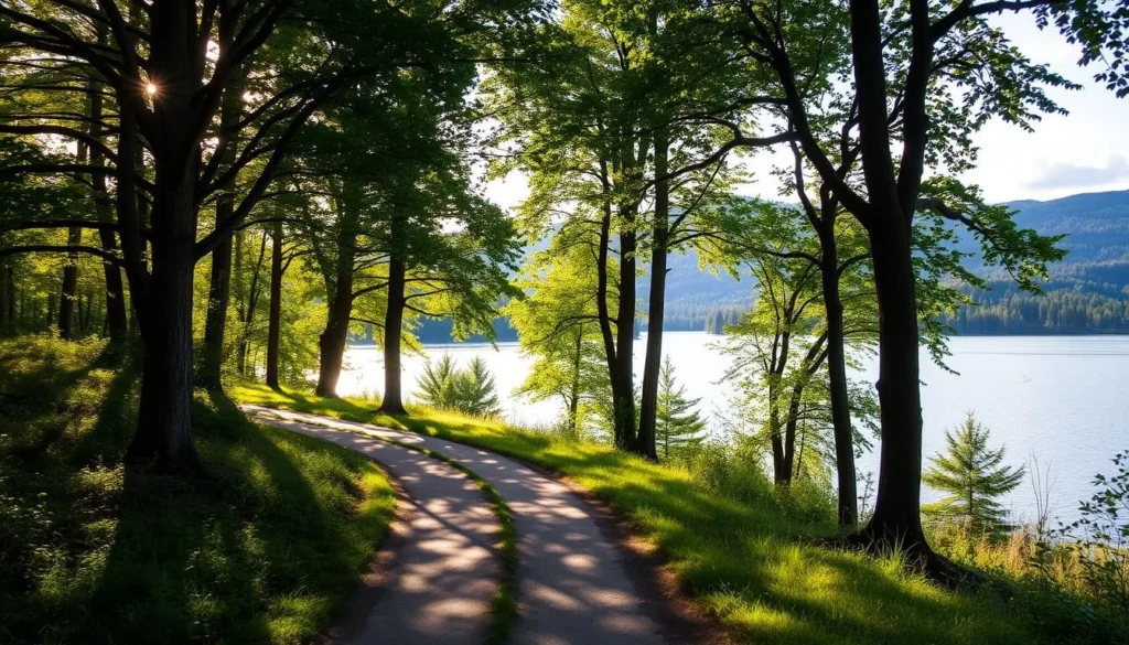 A serene trail winds through lush, verdant foliage around the tranquil shores of Lake Johanna. Dappled sunlight filters through the canopy of towering trees, casting a warm, golden glow over the scene. In the foreground, a well-maintained path stretches out, inviting hikers and cyclists to explore the picturesque surroundings. The middle ground features the glistening surface of the lake, its calm waters reflecting the clouds and trees above. In the distance, rolling hills and forests frame the lake, creating a peaceful, bucolic landscape. The overall atmosphere is one of natural beauty, tranquility, and outdoor adventure, perfectly capturing the essence of the "Biking and Hiking Around Lake Johanna" section. A serene trail winds through lush, verdant foliage around the tranquil shores of Lake Johanna. Dappled sunlight filters through the canopy of towering trees, casting a warm, golden glow over the scene. In the foreground, a well-maintained path stretches out, inviting hikers and cyclists to explore the picturesque surroundings. The middle ground features the glistening surface of the lake, its calm waters reflecting the clouds and trees above. In the distance, rolling hills and forests frame the lake, creating a peaceful, bucolic landscape. The overall atmosphere is one of natural beauty, tranquility, and outdoor adventure, perfectly capturing the essence of the "Biking and Hiking Around Lake Johanna" section.