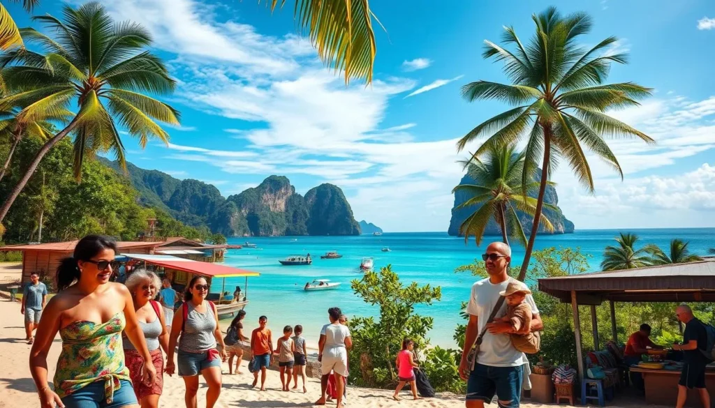 A serene tropical paradise in Phuket, Thailand, showcasing diverse travel styles against a backdrop of azure skies, glistening turquoise waters, and lush, verdant landscapes. In the foreground, a group of tourists engage in various activities - a couple enjoying a leisurely stroll along the beach, a family snorkeling in the clear, inviting sea, and a solo adventurer hiking through the verdant hills. The middle ground features colorful local markets, bustling with vendors offering a variety of authentic Thai cuisine and handicrafts. In the distance, the iconic limestone cliffs and towering palm trees create a picturesque, postcard-worthy scene, bathed in warm, golden light. The overall atmosphere conveys a sense of tranquility, adventure, and cultural immersion, perfectly capturing the essence of Phuket's weather-savvy travel experiences.