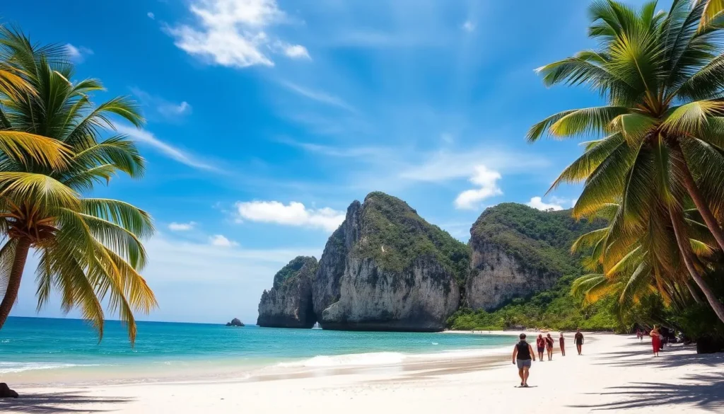 A serene tropical paradise unfolds, where the pristine white sand of Ilha do Frances beaches meets the turquoise waters of the Atlantic Ocean. Lush palm trees sway gently in the warm breeze, casting soft shadows across the tranquil scene. In the middleground, rugged cliffs rise majestically, their weathered faces contrasting with the azure sky above. Sunlight filters through wispy clouds, illuminating the idyllic landscape with a golden glow. Beachgoers stroll along the shoreline, capturing the beauty of this hidden gem with their cameras. The overall atmosphere exudes a sense of harmony and untouched paradise, inviting viewers to immerse themselves in the peaceful serenity of Ilha do Frances.