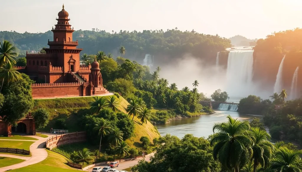 A serene view of Tirunelveli's iconic landmarks on a bright, sunny day. In the foreground, the majestic Shenkottai Fort stands tall, its red-brick walls and ornate towers casting long shadows. In the middle ground, the sacred Thamirabarani River flows gently, its banks lined with lush greenery and towering palm trees. In the background, the magnificent Courtallam Falls cascade down rugged cliffs, their thunderous roar echoing through the lush, verdant landscape. The scene is bathed in warm, golden light, capturing the timeless beauty and tranquility of this historic South Indian city.