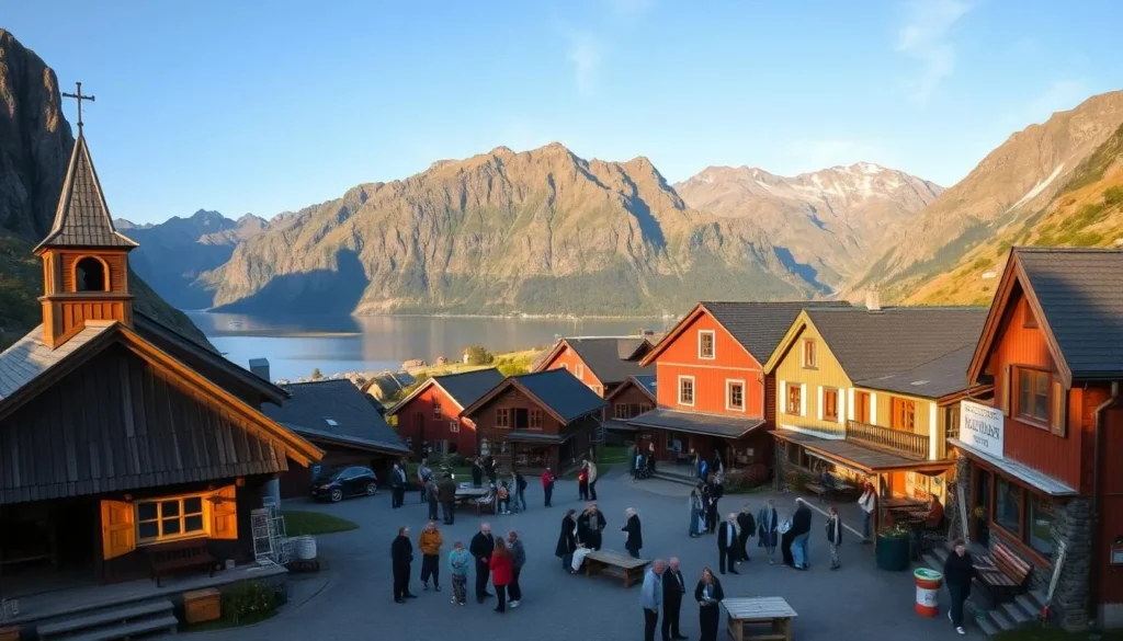 A serene village nestled among the rugged mountains of Vesteralen, Norway. A quaint wooden church stands tall, its steeple reaching towards the azure sky. In the foreground, a traditional Norwegian stabbur, a well-preserved storehouse, casts a warm glow in the afternoon light. Villagers gather around a central square, engaged in lively conversation and traditional crafts, showcasing the region's rich cultural heritage. The middle ground reveals colorful wooden houses, their facades adorned with intricate carvings and Nordic patterns. In the distance, majestic fjords cut through the landscape, creating a breathtaking backdrop for this cultural experience.