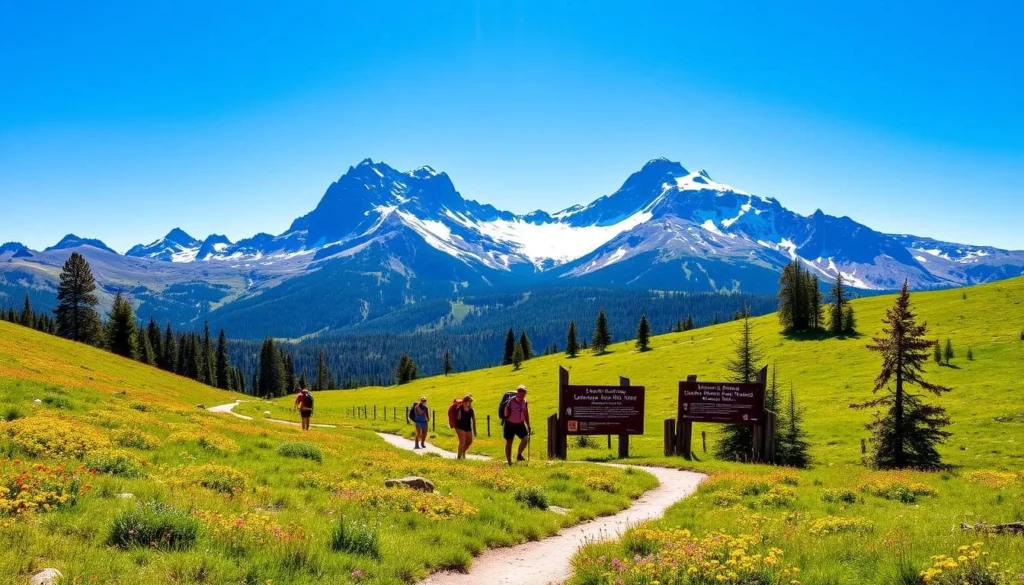 A serene vista of Lassen Volcanic National Park on a sun-dappled day. In the foreground, a well-marked trail winding through lush meadows, dotted with vibrant wildflowers. Towering, snow-capped peaks rise majestically in the distance, their rugged slopes framed by a brilliant azure sky. Hikers, appropriately attired in hiking gear, navigate the path, mindful of signage detailing park regulations and safety guidelines. The scene conveys a sense of tranquility and adventure, encouraging visitors to explore the park's natural wonders responsibly.