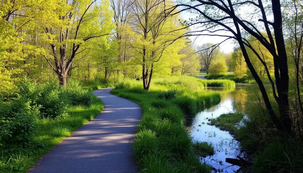 A serene walkway through the Fresh Pond Trail with lush greenery and a tranquil atmosphere.
