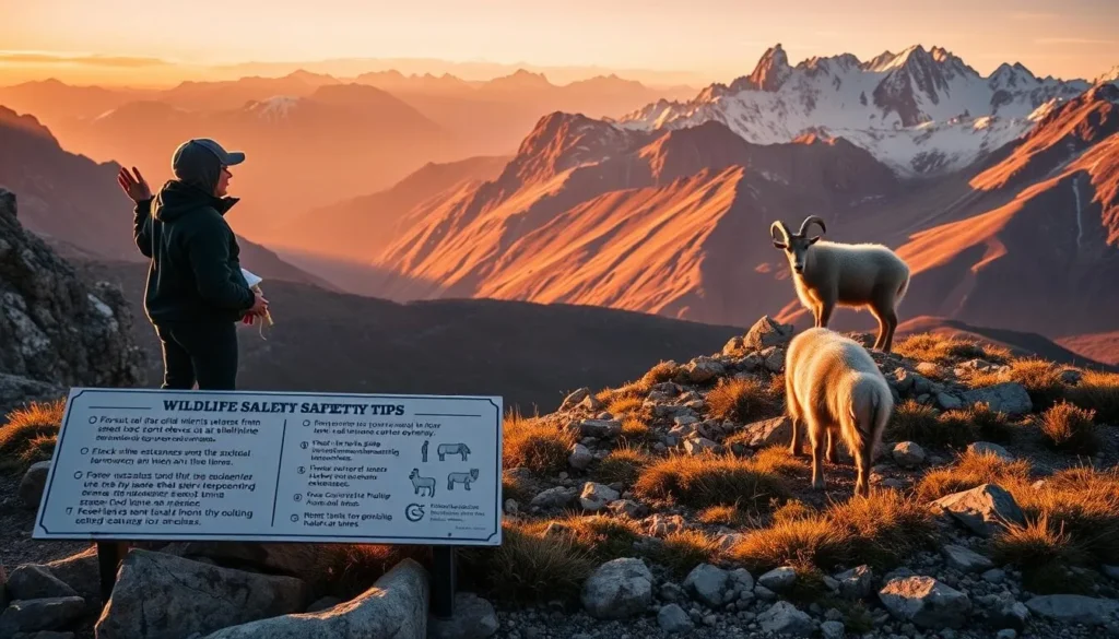 A serene wilderness scene showcasing helpful wildlife safety tips. In the foreground, a person stands observing a pair of mountain goats grazing on a rocky outcrop. Midground features informative signage detailing guidelines for safe viewing distances and responsible wildlife encounters. The background depicts a panoramic vista of rugged, snow-capped peaks bathed in warm, golden afternoon light. Crisp, high-resolution imagery captured with a wide-angle lens, creating a sense of immersion and appreciation for the natural environment.