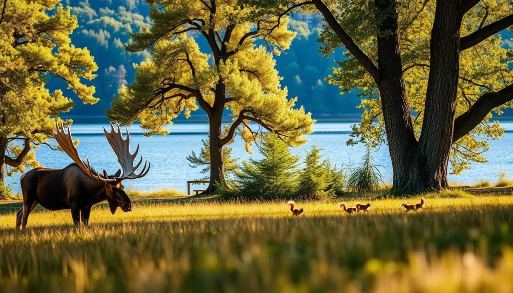 A serene wildlife photography scene in the heart of Holsby National Park, Sweden. In the foreground, a majestic moose grazes peacefully, its antlers silhouetted against the golden afternoon sunlight. In the middle ground, a flock of playful red squirrels scamper among the lush, verdant foliage of ancient oak trees. The background is dominated by a tranquil lake, its glassy surface reflecting the azure sky and surrounding forest. The scene is captured through the lens of a high-quality DSLR camera, with a shallow depth of field that softly blurs the background, allowing the wildlife subjects to take center stage. An atmosphere of calm and wonder pervades the image, inviting the viewer to immerse themselves in the natural beauty of Holsby National Park.