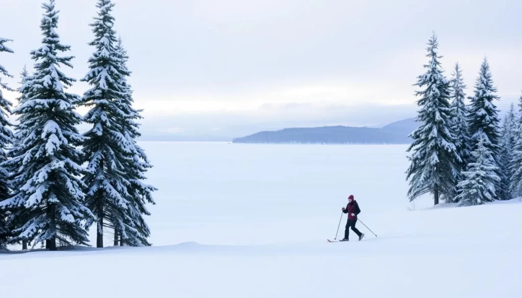 A serene winter landscape, Lake Inari in Finland lies frozen, blanketed in pristine snow. In the foreground, a cross-country skier glides gracefully across the icy surface, their poles rhythmically planting in the powdery expanse. Tall, snow-capped pines frame the tranquil scene, their evergreen boughs glistening under the soft, diffused lighting of an overcast sky. The distant shoreline and rolling hills recede into the hazy background, creating a sense of peaceful isolation. The overall mood is one of tranquility and the pure, untouched beauty of the Nordic winter.