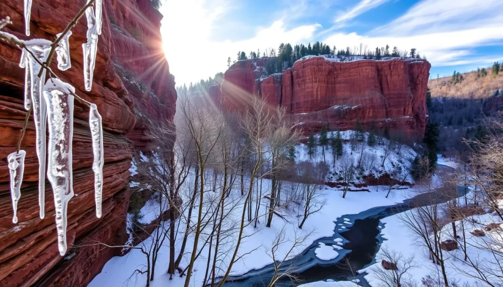 A serene winter landscape at Ausable Chasm, New York. Towering cliffs of red sandstone frame a tranquil, ice-covered river cutting through the snowy gorge. Sunlight filters through wispy clouds, casting a warm glow over the scene. In the foreground, delicate icicles hang from the rock faces, glistening like crystal. Leafless trees dot the middle ground, their bare branches reaching up towards the pale blue sky. In the distance, a gentle dusting of snow covers the surrounding forest, creating a peaceful, wintry atmosphere.