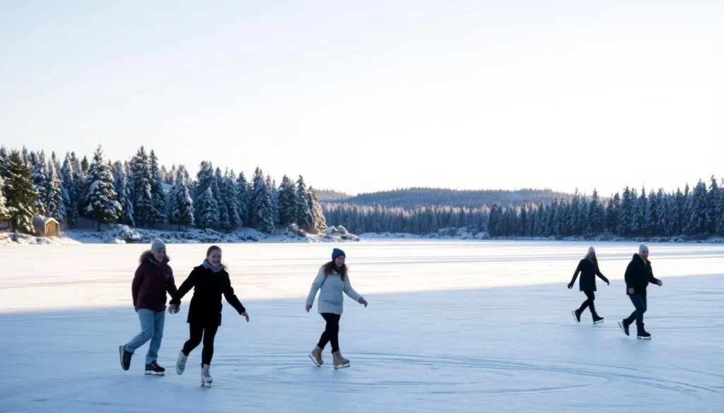 A serene winter landscape at Lake Vaddoviken, Sweden. In the foreground, a group of people gracefully gliding across the ice, their skates carving elegant patterns. The middle ground features a picturesque frozen lake, its surface reflecting the clear sky above. In the background, snow-capped pine trees line the shores, creating a peaceful and tranquil atmosphere. The scene is bathed in soft, diffused natural lighting, casting a warm glow over the entire composition. The overall mood is one of tranquility and joy, inviting the viewer to imagine the crisp, refreshing air and the sound of laughter echoing across the ice.