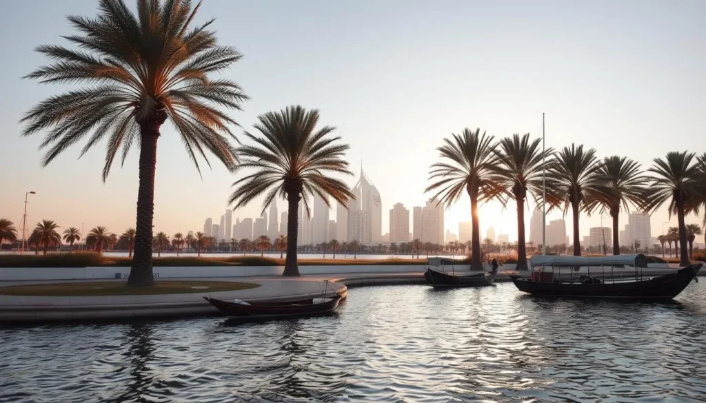 A serene winter landscape in Doha, Qatar, illuminated by a warm golden light. In the foreground, a tranquil canal with traditional dhow boats gently rocking on the rippling waters. The middle ground features lush palm trees swaying in a gentle breeze, their fronds casting intricate shadows on the ground. In the background, the iconic skyline of Doha rises, a striking blend of modern high-rises and traditional architecture, all set against a clear azure sky. The overall scene conveys a sense of calm and peaceful contemplation, perfectly capturing the essence of a winter getaway in this vibrant Middle Eastern city.